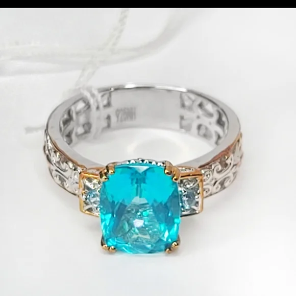 Gems En Vogue | NWT 4.10ctw Octagon Cut Paraiba & Swiss Blue Topaz Ring | 8 - Picture 5 of 10